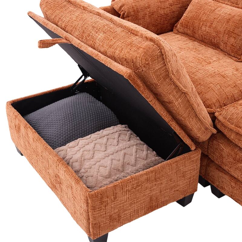 Modern Chenille Chaise Couch L-shaped Sectional Sofa with Storage Ottoman, Phone Holder, USB/Type-C Ports and Side Pockets