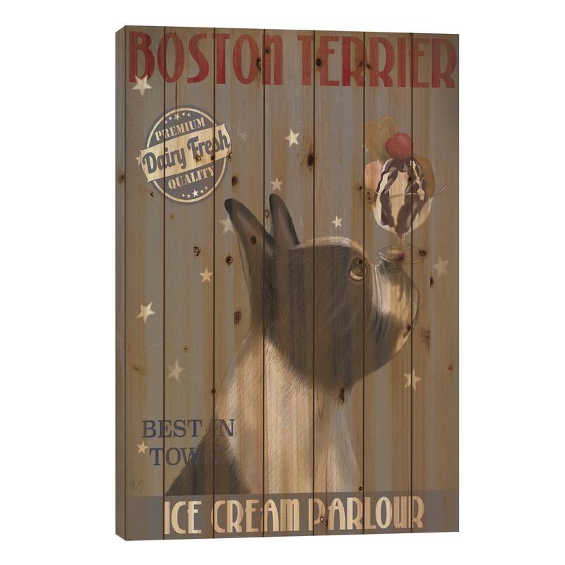 Boston Terrier Ice Cream Parlour Print On Wood by Fab Funky - Multi-Color - 26x18x1.5