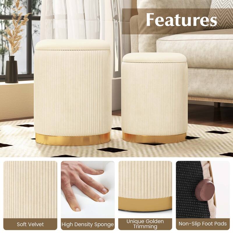 Costway Velvet Storage Ottoman Set of 2 Modern Round Ottoman with - See Details