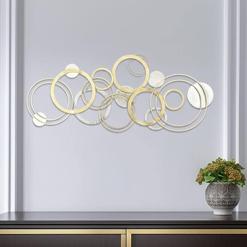 HomeRoots 18" X 44" Gold And Silver Geometric Metal Round Discs Hanging Dimensional Sculpture - Gold/Silver - 44.00 in. x 18.00 in.  x 0.75 in.