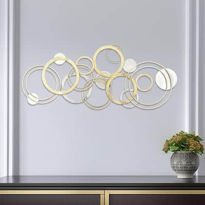 HomeRoots 18" X 44" Gold And Silver Geometric Metal Round Discs Hanging Dimensional Sculpture