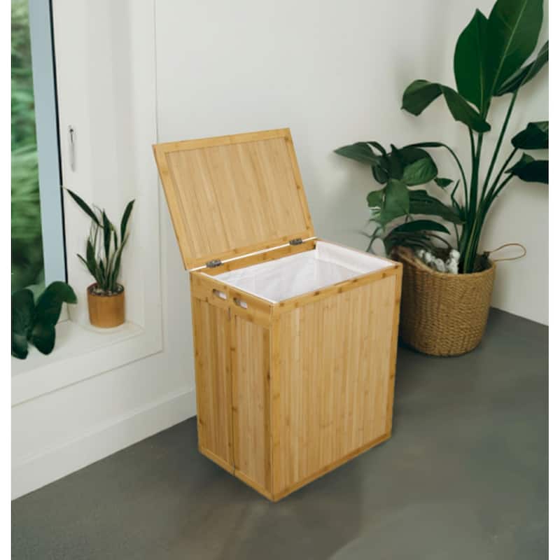 Solid Bamboo Folding Clothes Hamper w/ Removable Laundry Bag - Tan