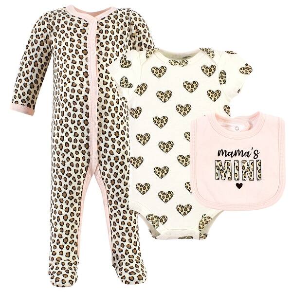 slide 1 of 1, Hudson Baby Infant Girl Cotton Sleep and Play, Bodysuit and Bandana Bib Set, Leopard Hearts 0-3 Months - Leopard Hearts