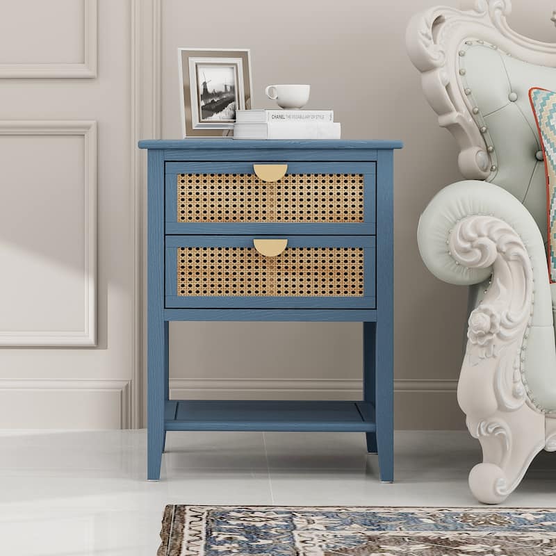 2-Drawer Naturel Rattan Side Table,End Table, Nightstands