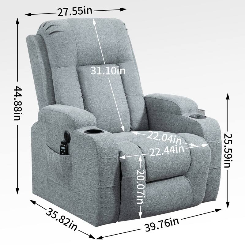 Grey Power Lift Recliner with Massage, Heat & Cup Holders