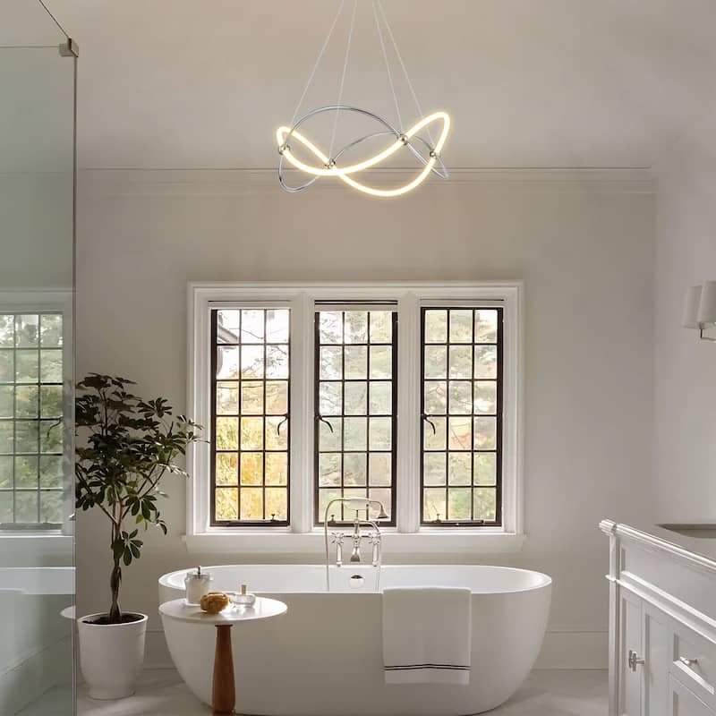 Modern Linear Chrome Geometric Dimmable Integrated LED Chandelier for Living/Dining Room