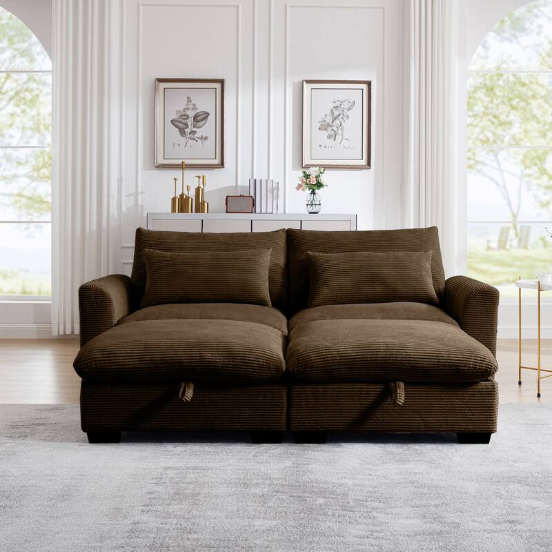Corduroy Loveseat Sofa Couch with Storage Ottomans, Modern Sectional 2 Seater Sofa with Deep Seat, Pillows for Small Spaces