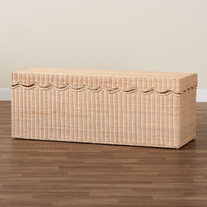 Damita Scallop Natural Rattan Chest with Lift-top - Coastal Boho Style Storage Bench for Bedroom, Entryway, or Living Room