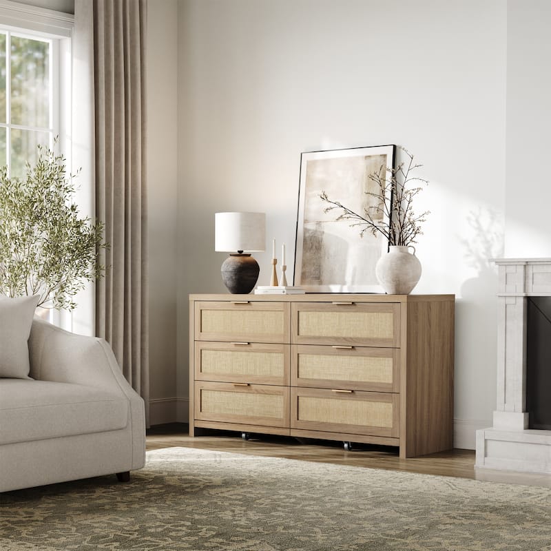 Elegant Right Angled Dresser with 6 Rattan Woven Drawers