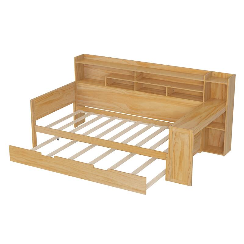 Twin Size Daybed with Storage Shelves, Trundle Bed, and Study Desk