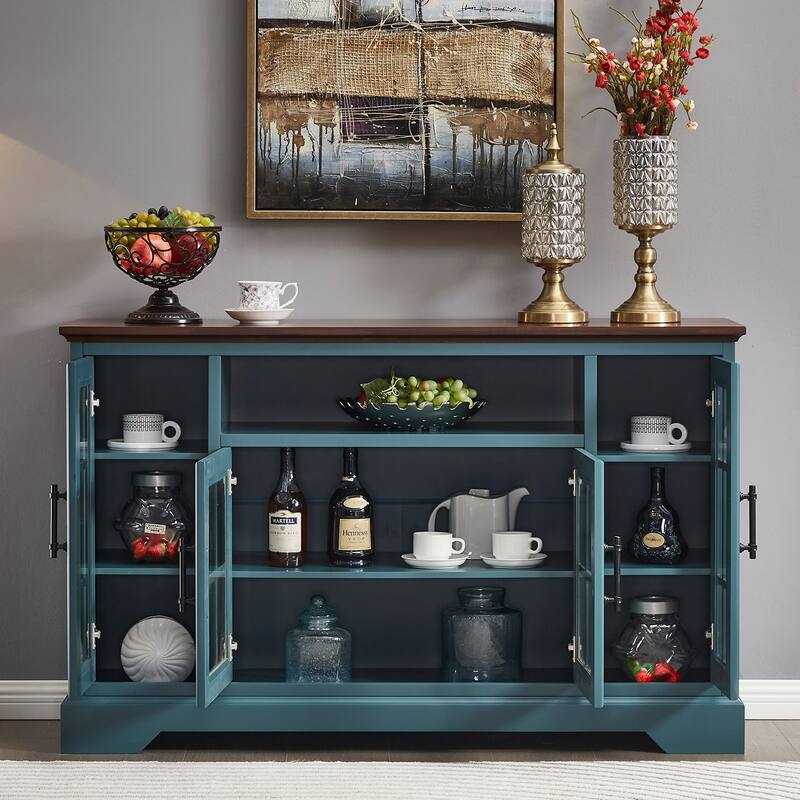 Buffet Sideboard with 4 Doors, Coffee Bar Cabinet with Tempered Glass, Kitchen Storage Sideboard with Adjustable Shelves