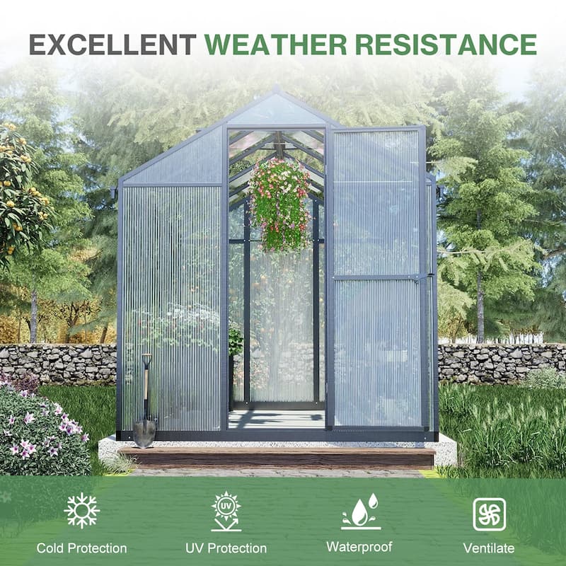 Aoodor 6' x 10' Polycarbonate Walk-in Greenhouse with Aluminum Frame and Roof Vent