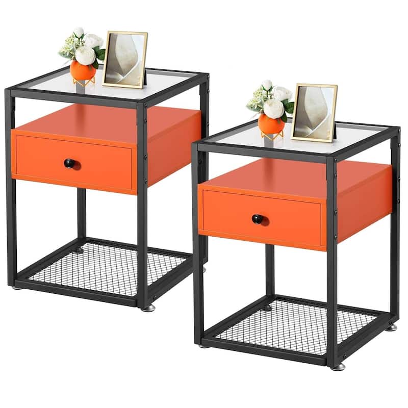 VECELO Modern Square Nightstands Set of 2 with Tempered Glass Top