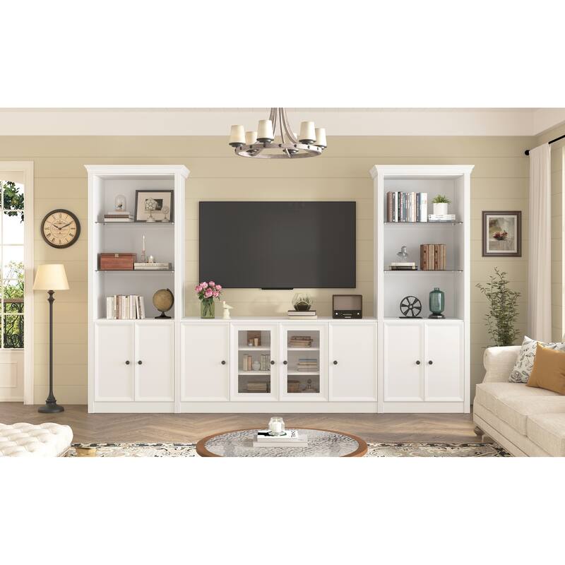 128" Wall Unit Entertainment Center for TVs up to 80", Modern Media Console with Glass Cabinets