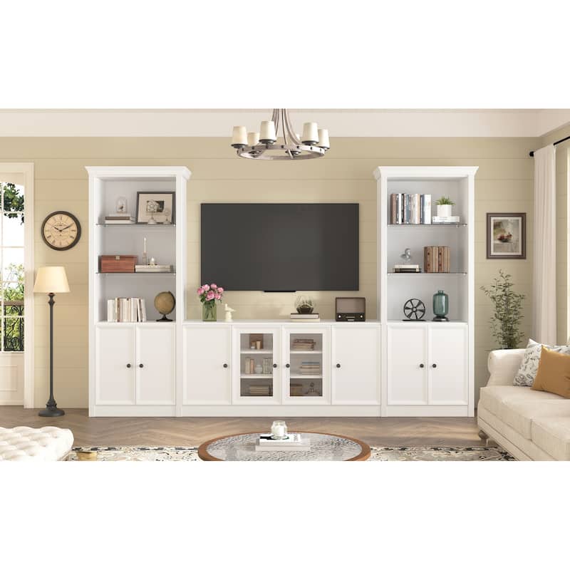 128" Wall Unit Entertainment Center with Bookshelves, Wood Media Console TV Storage Cabinets with Glass Doors for TVs up to 80"