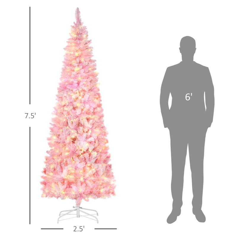 HOMCOM Pre-Lit Snow Flocked Pencil Tree - Realistic Pine Branches, Warm White LED Lights, Auto Open, Pink & White