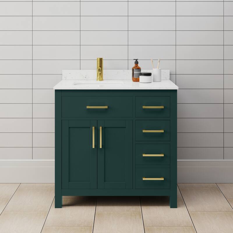 Wyndham Collection WCG242436S-UNSMXX Beckett 36" Free Standing Single - Green / Carrara Cultured Marble Top / Brushed Gold