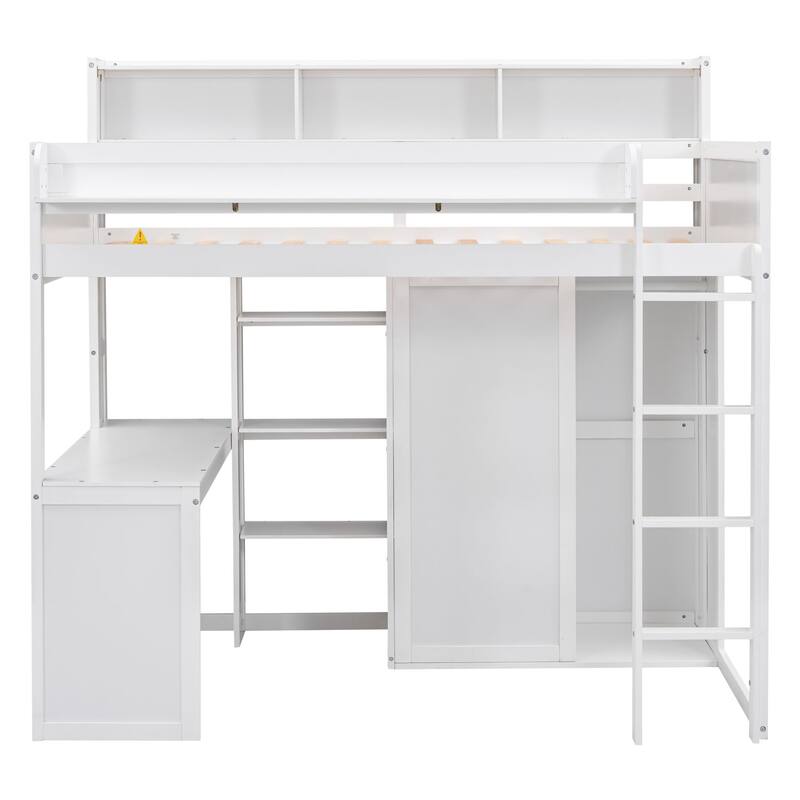 Twin Size Loft Bed with Storage Shelves, Wardrobe, and Built-in Desk, White