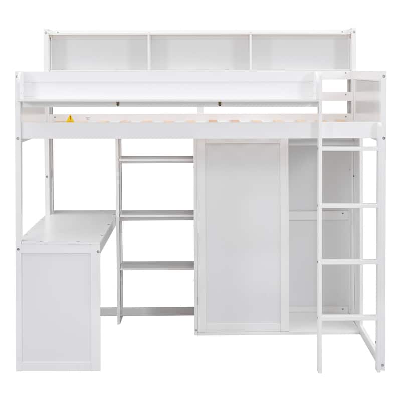 Twin Wood Loft Bed with Shelves, Wardrobe, and Desk