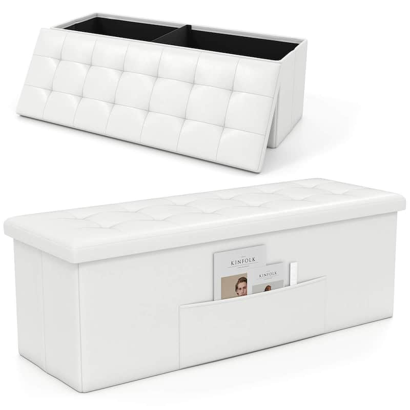 Costway 43 Inches Folding Storage Ottoman Bench with Side Pocket - White