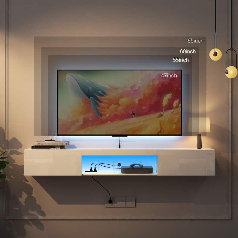 63" Floating TV Stand with Storage, LED Lights & Power Outlet for TVs Up to 60"