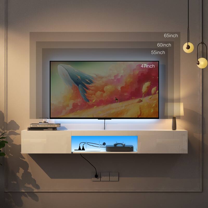 Roomfitters 63" Floating TV Stand Wall Mounted with 16 Color LEDs, Modern Entertainment Center Media Console Cabinet