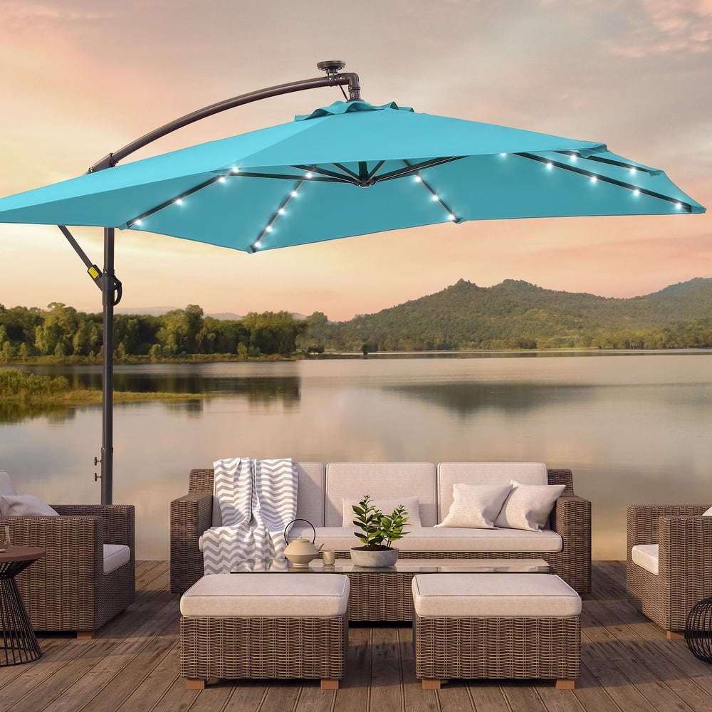 BONOSUKI Patio 8.2Ft LED Offset Umbrella,8 Steel Ribs w/Cross Base