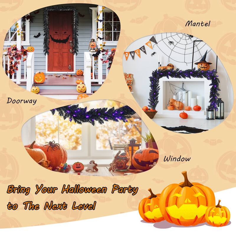 Gymax 9FT Pre-lit Black Halloween Garland Christmas Rattan w/ LED