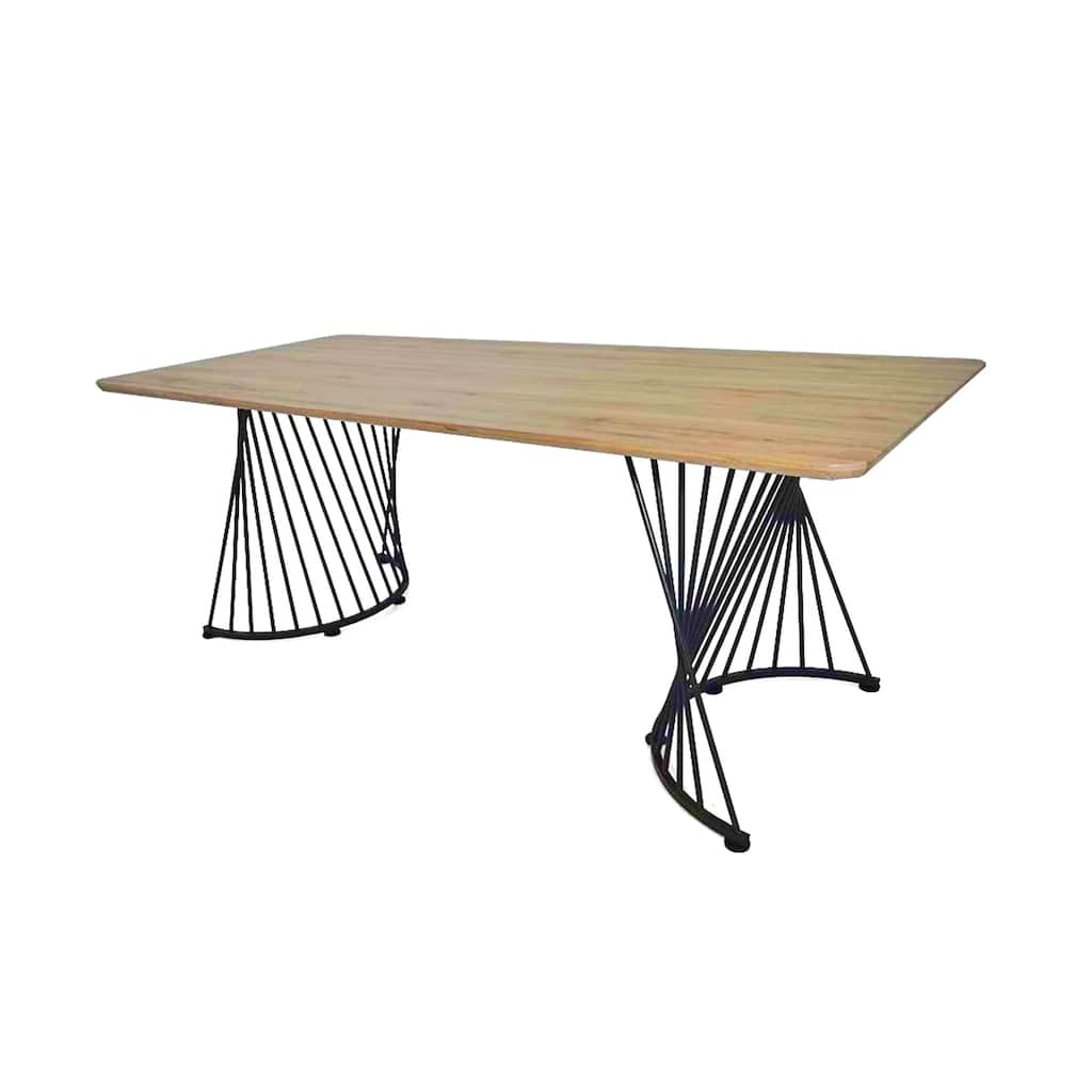 80 Inch Dining Table, Natural Oak Brown Top, Dual Pedestal Metal Base