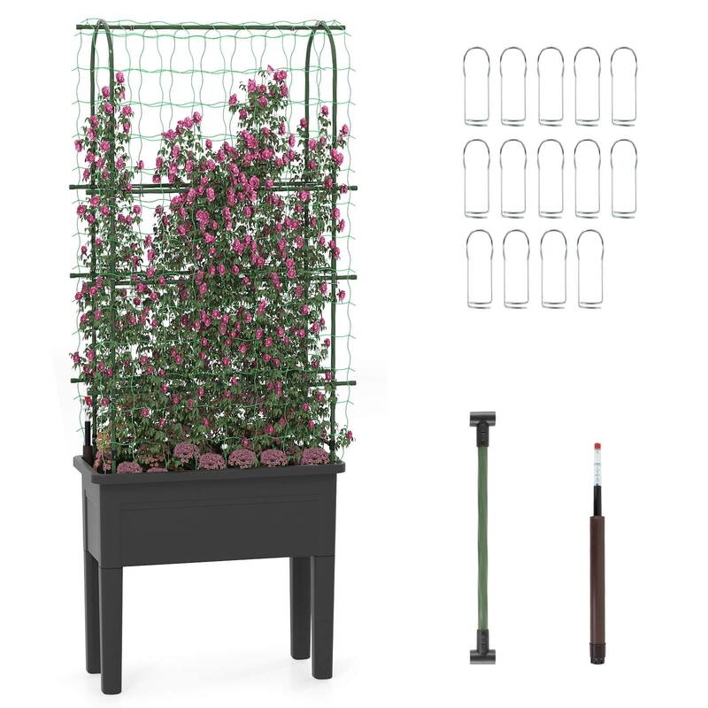 4-in-1 Raised Garden Bed Plastic Elevated Planter w/ Climbing Trellis - Green+Grey
