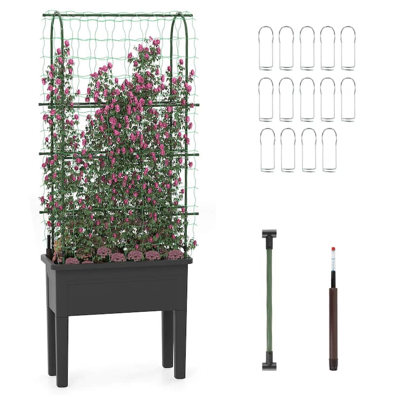 Costway Raised Garden Bed Planter Box with Climbing Trellis Water - See Details - Green+Gray - See Details