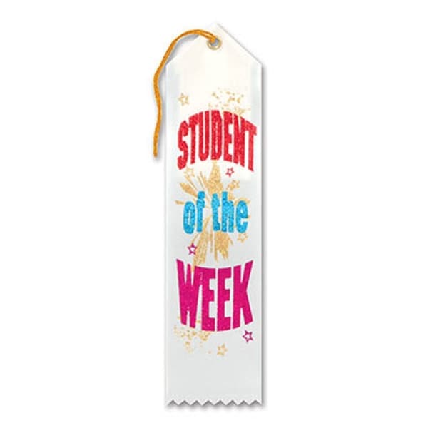 Pack of 6 White "Student Of The Week Award" School Award Ribbon Bookmarks 8" - N/A