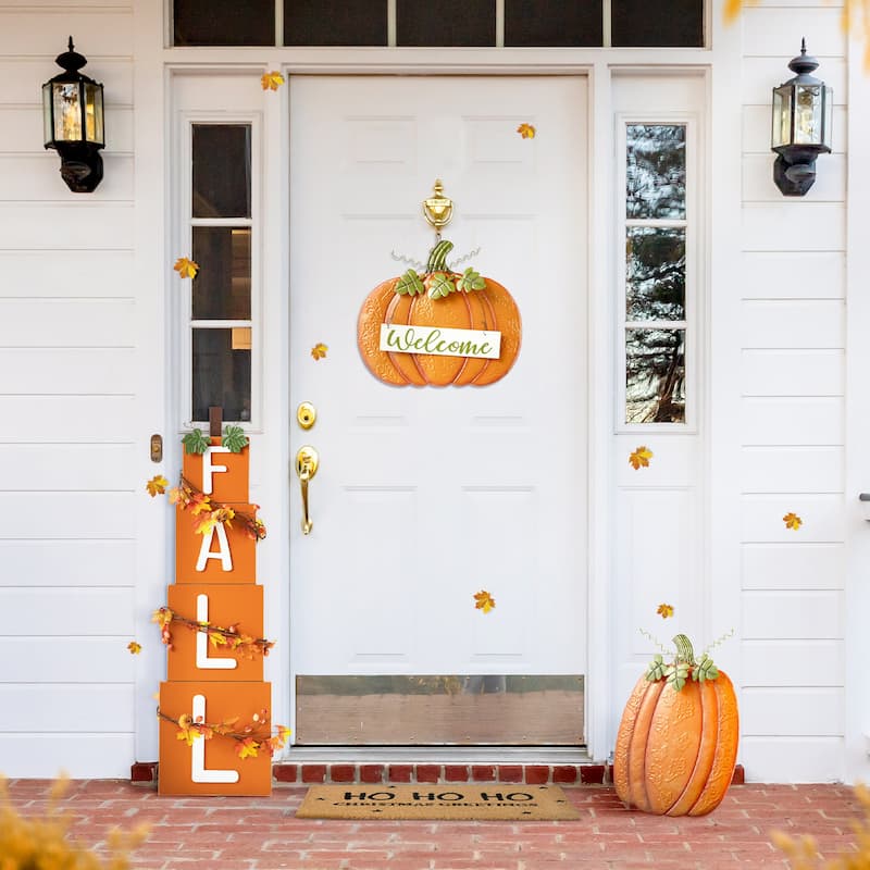 Glitzhome Set of 2 Fall Metal Embossed Glitter Pumpkin Porch Decor