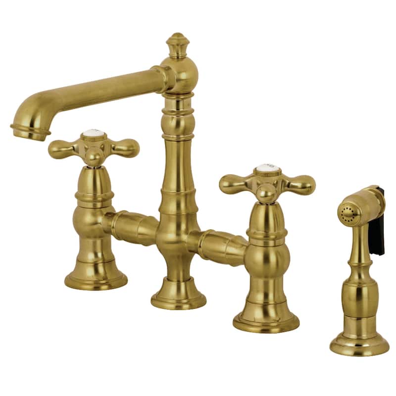 English Country Bridge Kitchen Faucet with Sprayer in Matte Black - Brushed Brass