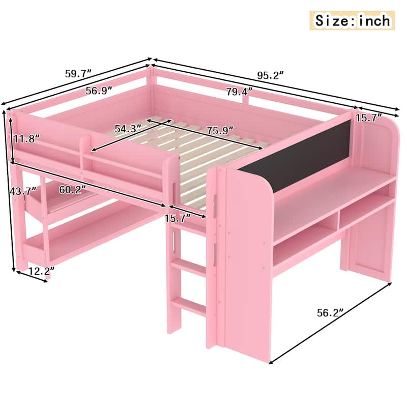 Low Loft Bed with Desk, Storage Bookcases, Drawers & Boxes, Solid Wood Kids Loft Bed with Blackboard Shelf