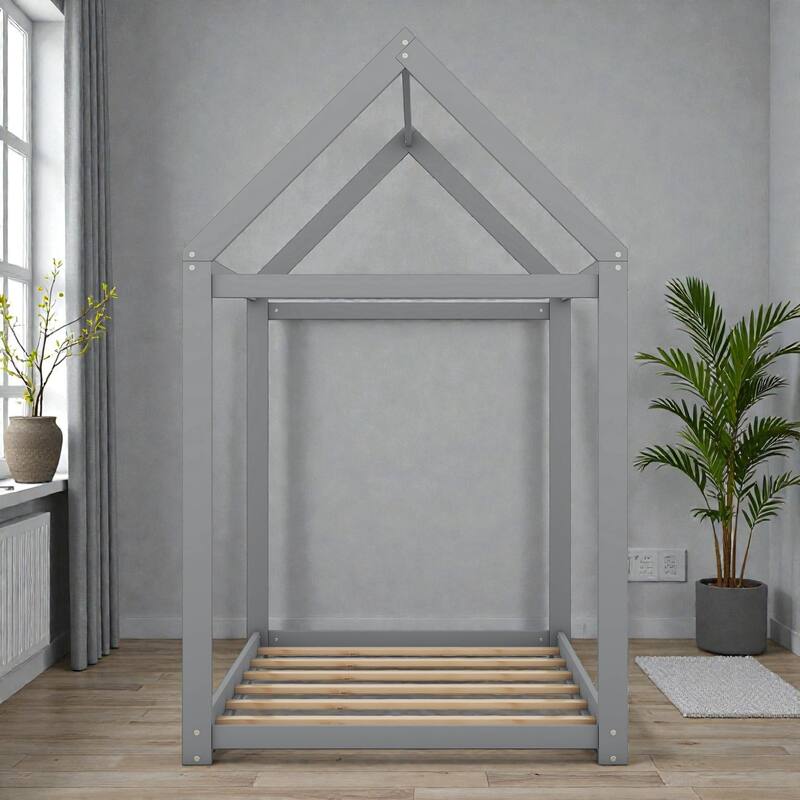 Twin Size Wooden House Bed Frame for Kids, Pine Wood Playhouse Bed with Roof Design, No Box Spring Needed