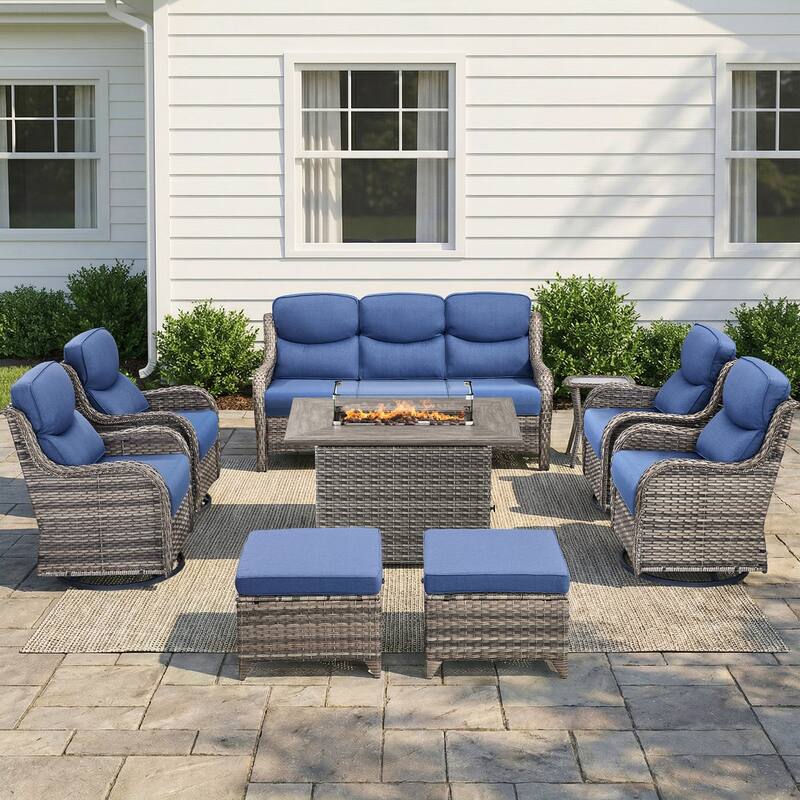 Pocassy Outdoor Fire Pit Sofa Swivel Chairs Conversation Set - Gray Wicker Blue Cushion - 9-Piece Sofa Swivel Chair Ottoman w/ Fie Table