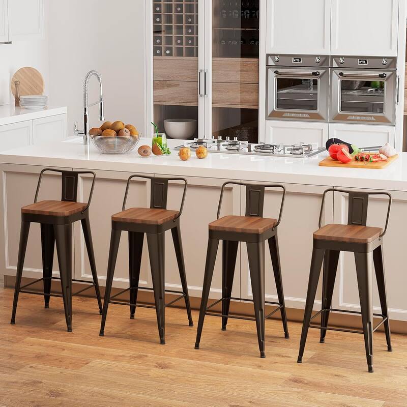 Counter Stools with Metal Frame Counter Height Bar stools with Low Back 24" Kitchen Bar Furniture Stools with Wooden Seat