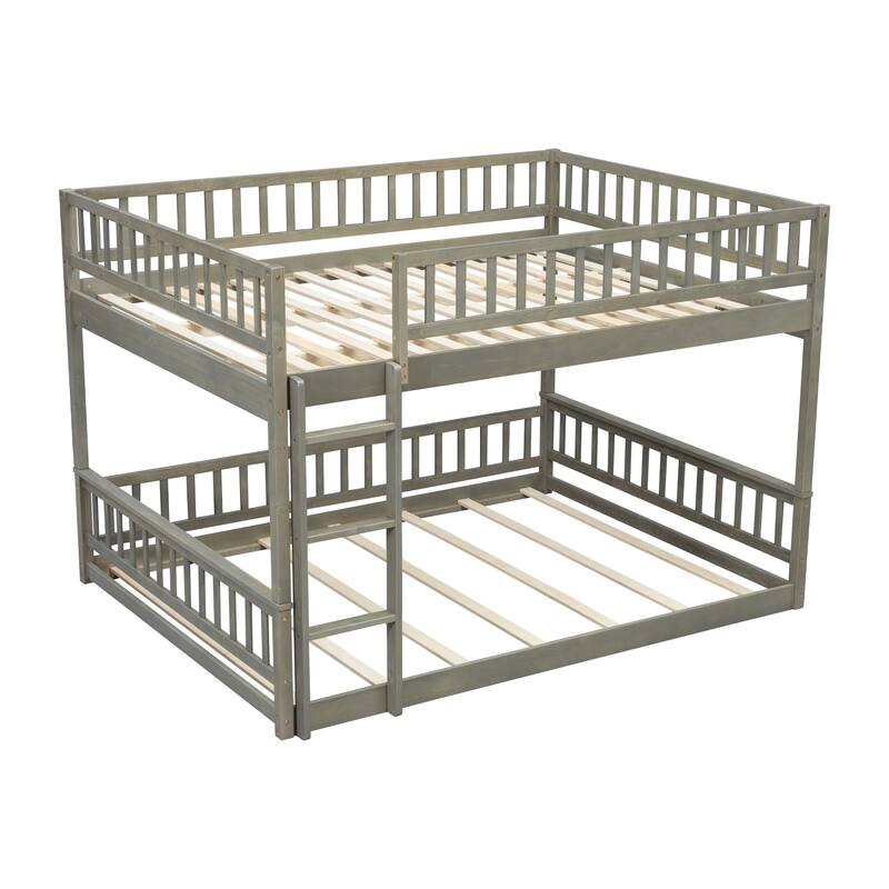 GDFStudio - Solid Wood Queen over Queen Bunk Bed with Ladder & Guardrails