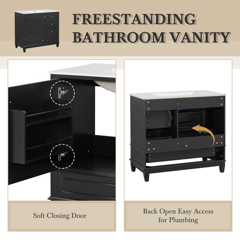 36" Bathroom Vanity Freestanding Storage Cabinet with Ceramic Sink and 3 Drawers - 36 in.W x 18.3 in.D x 33.7 in.H