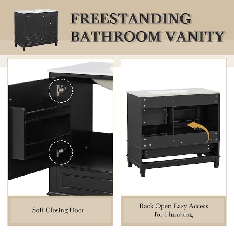 36" Bathroom Vanity with Ceramic Sink - MDF & Solid Wood Base, 3 Drawers & Storage Cabinet, Freestanding Design, 4" Faucet Holes