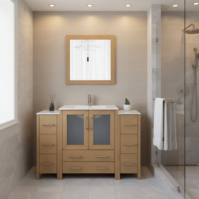 Vanity Art 54 Inch Single Sink Bathroom Vanity Set 8 Dove-Tailed Drawers 3 Cabinets 1 Shelf, Soft-Closing Doors with Free Mirror - Natural Oak
