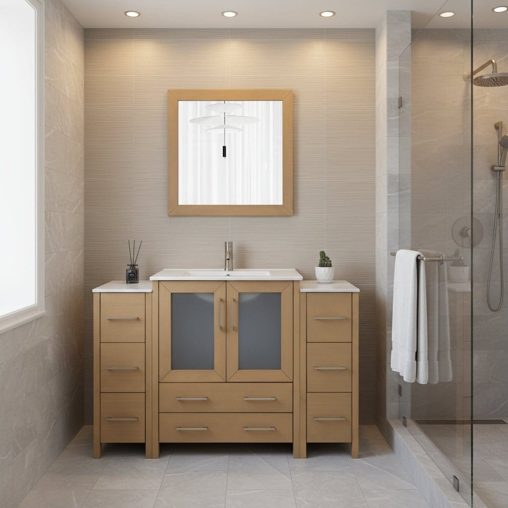 Vanity Art 54 Inch Single Sink Bathroom Vanity Set 8 Dove-Tailed Drawers 3 Cabinets 1 Shelf, Soft-Closing Doors with Free Mirror