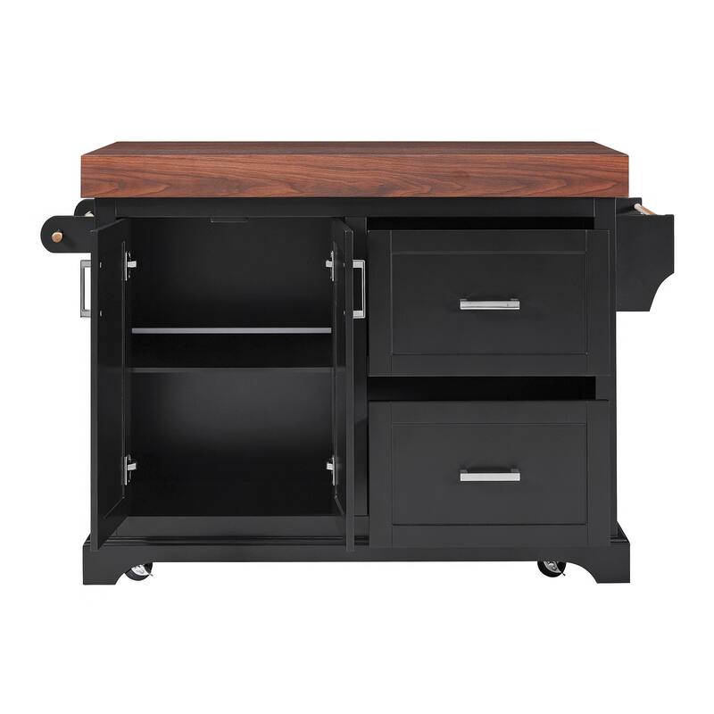 53" Large Kitchen Island with 3.5" Thick Desktop, Spice and Towel Racks, Kitchen Island with Storage on 5 Wheels, 2 Drawers