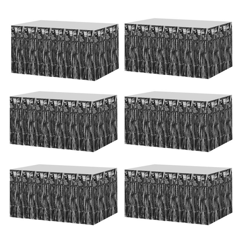 6 Pack 29x108 Inch Black Metallic Foil Fringe Tinsel Table Skirts
