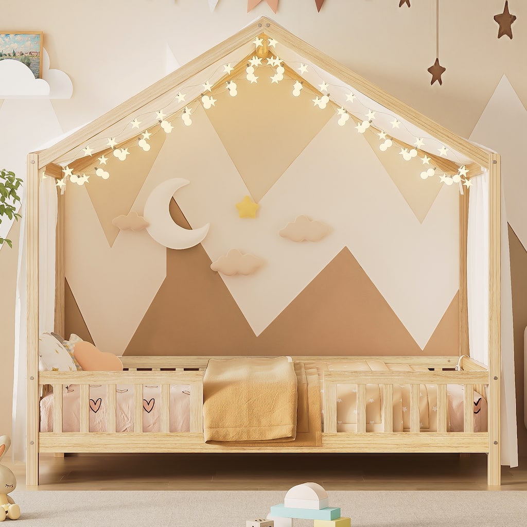 Twin Bed Frame for Kids, House Shape Toddler Bed Frame with High Railings, Wood Kids Bed with Roof