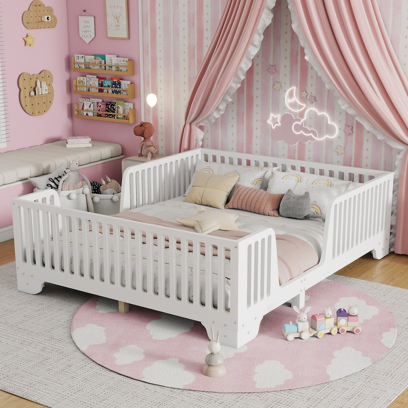 Kids Floor Bed with Safety Fence and Removable Door for Boys Girls - White - Full
