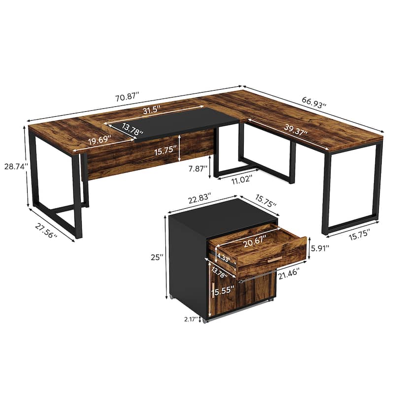 70.8’’ Executive Desk with File Cabinet, Large L-Shaped Office Executive Desk Computer Desk