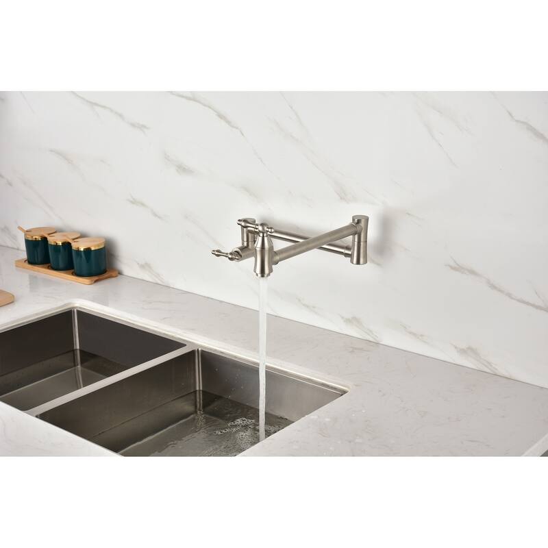 Double Handle Wall Mount Pot Filler Faucet in Brushed Nickel