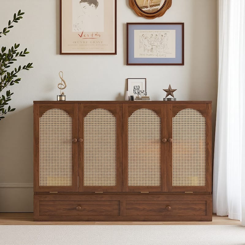 Queen Size Murphy Bed with Drawer Pine Wood Cabinet Bed with Power Station and Rattan Decoration Panel - Walnut